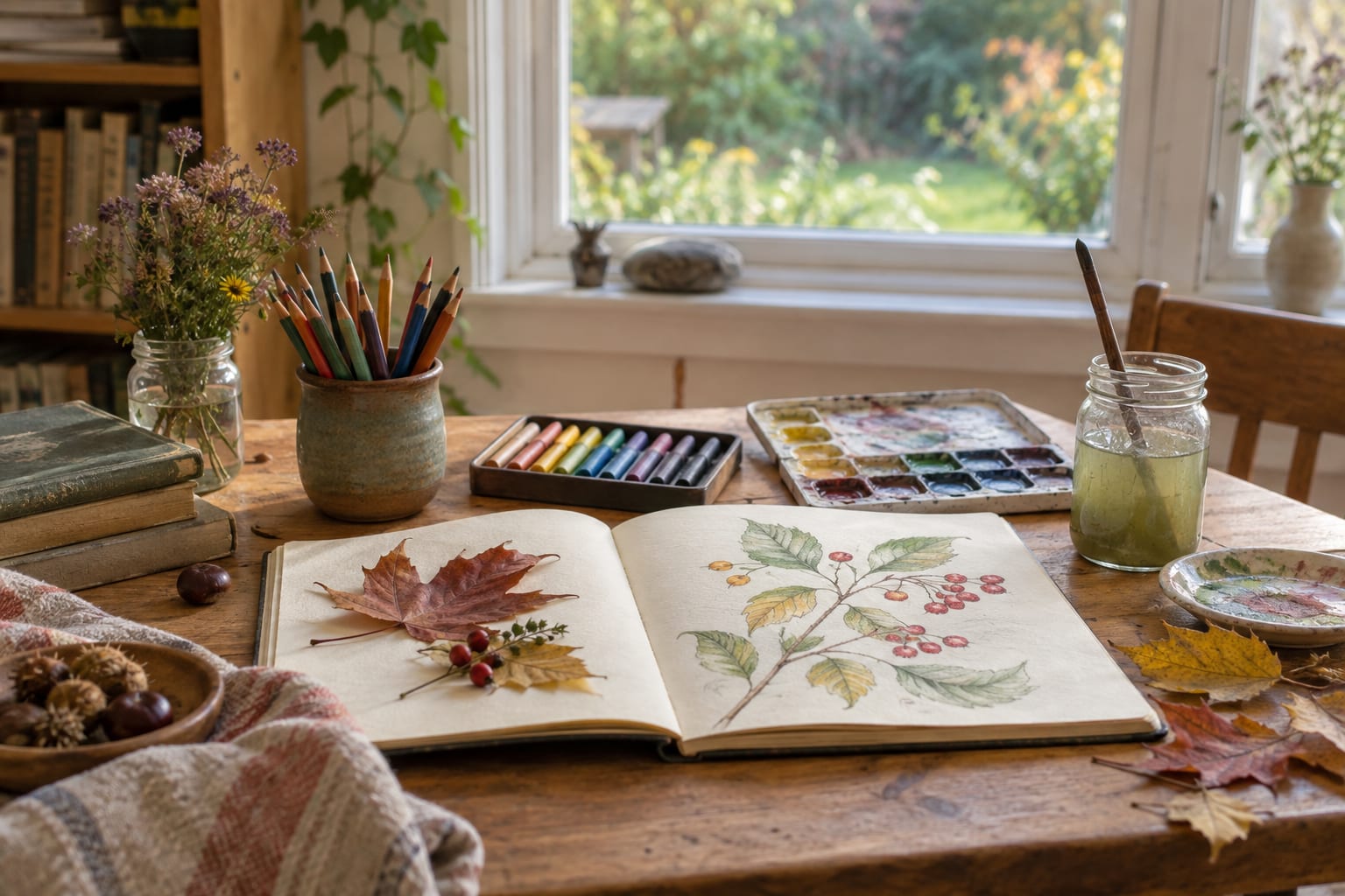 A sunlit wooden table with a botanical sketchbook, autumn leaves, pencils, and watercolour paints.